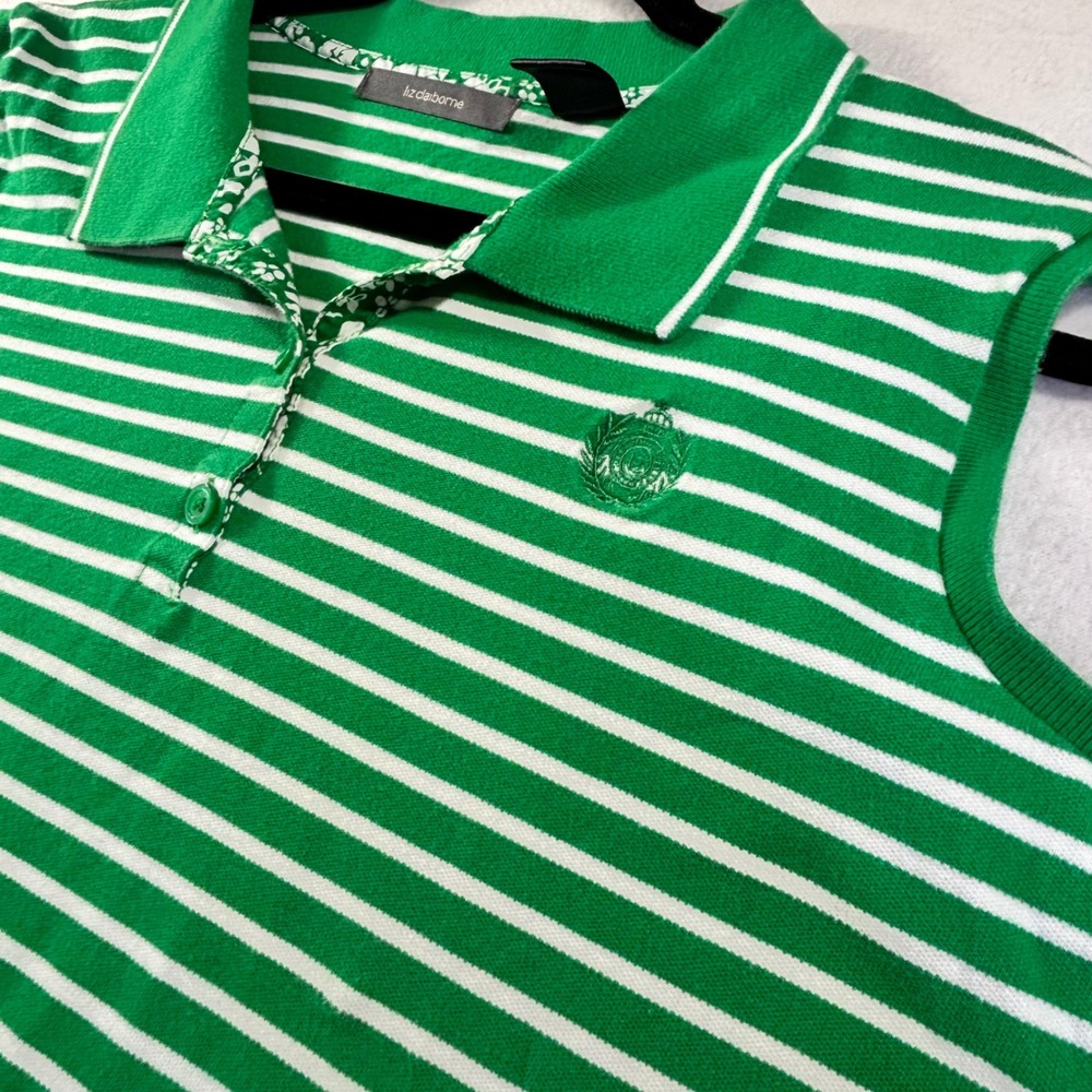 Liz Claiborne Green White Striped Sleeveless Polo Shirt Crest Logo 1X